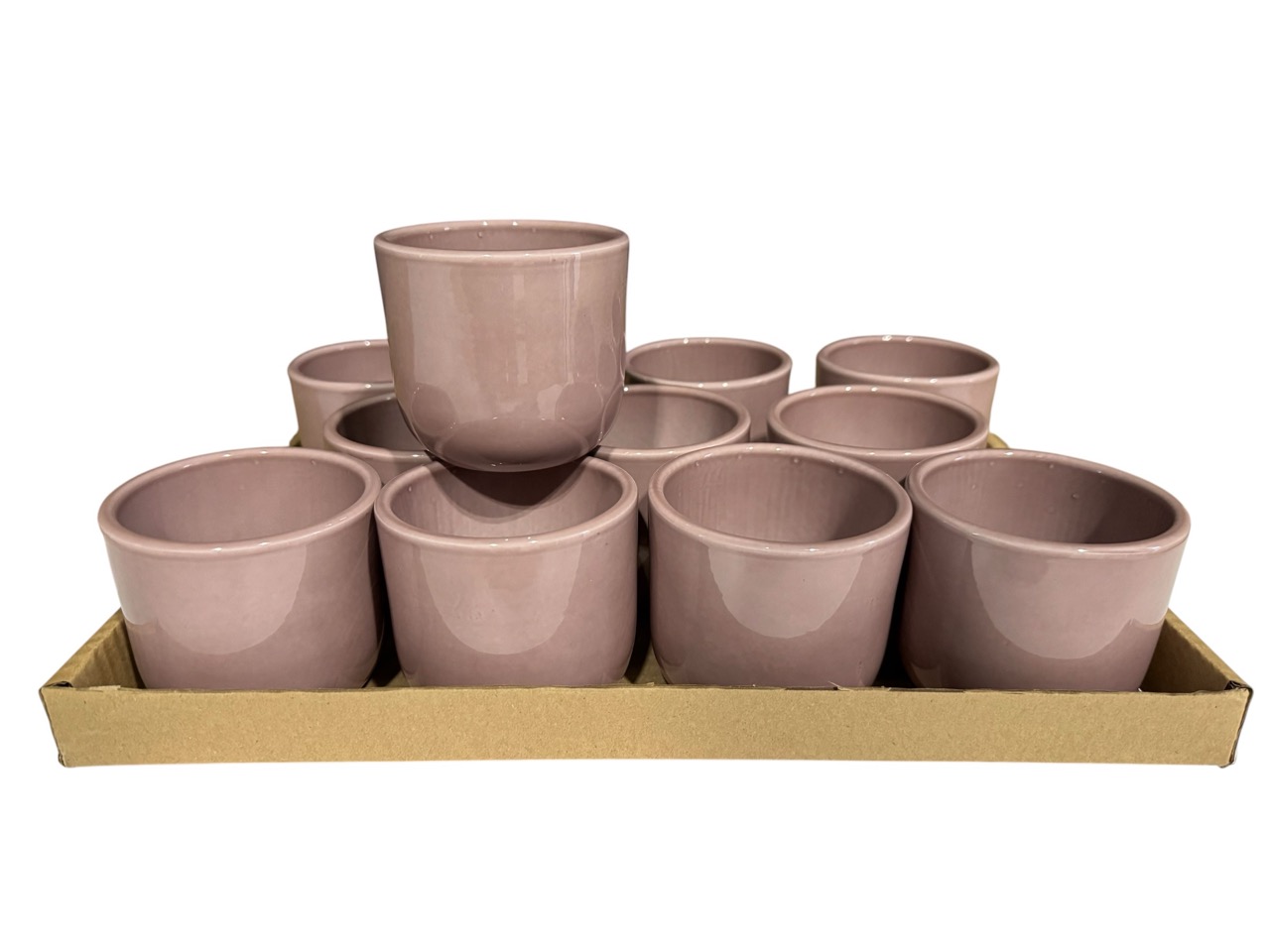 Keramik Übertopf, Ø8 cm, H7,5 cm, hochwertige melange Lasur; 12 Stück im Tray