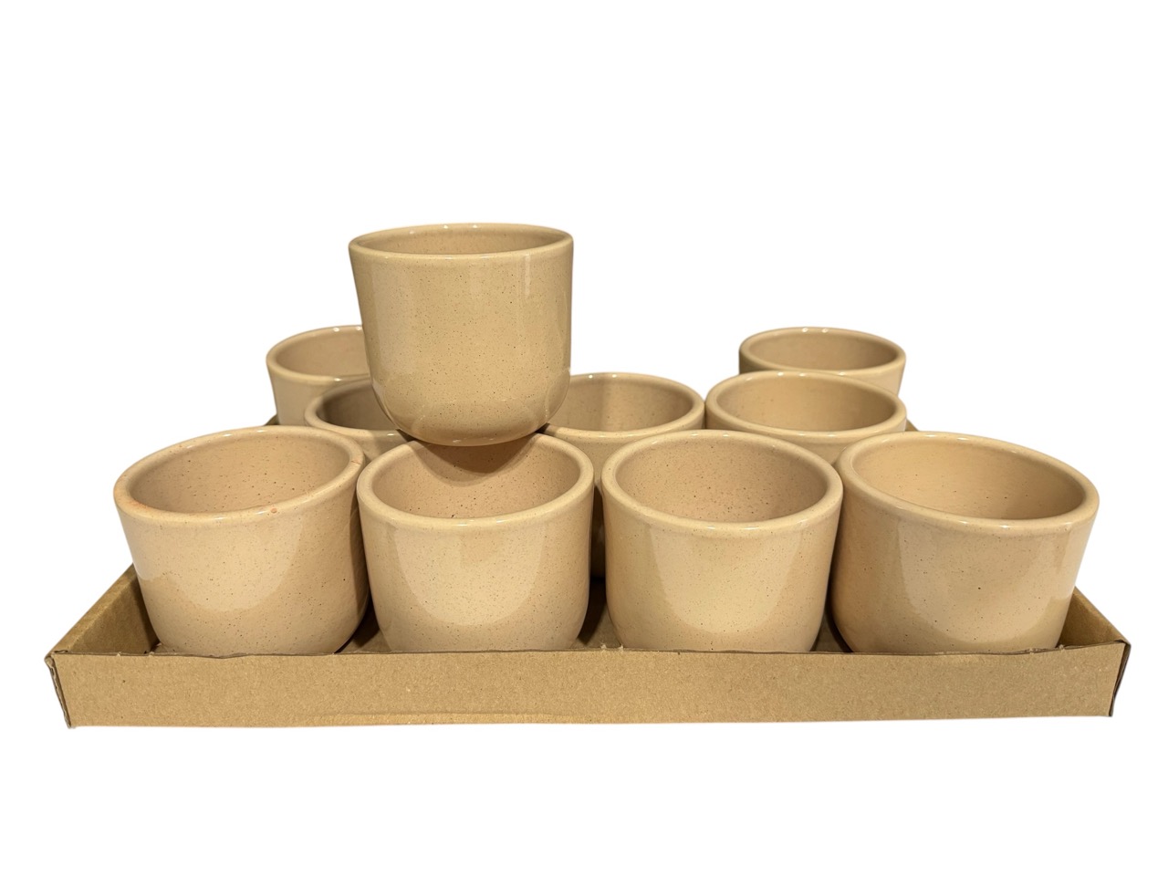 Keramik Übertopf, Ø8 cm, H7,5 cm, hochwertige beige Lasur; 12 Stück im Tray