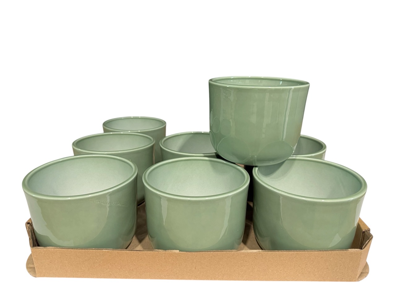 Keramik Übertopf, Ø12 cm, H10 cm, hochwertige salbeigrün Lasur; 9 Stück im Tray