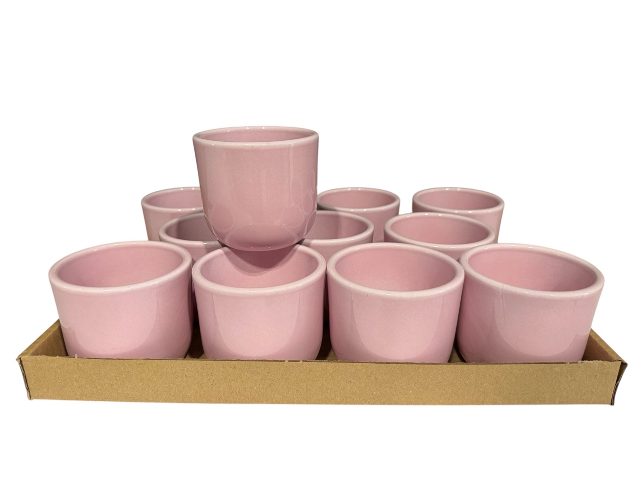 Keramik Übertopf, Ø8 cm, H7,5 cm, hochwertige rosa Lasur; 12 Stück im Tray