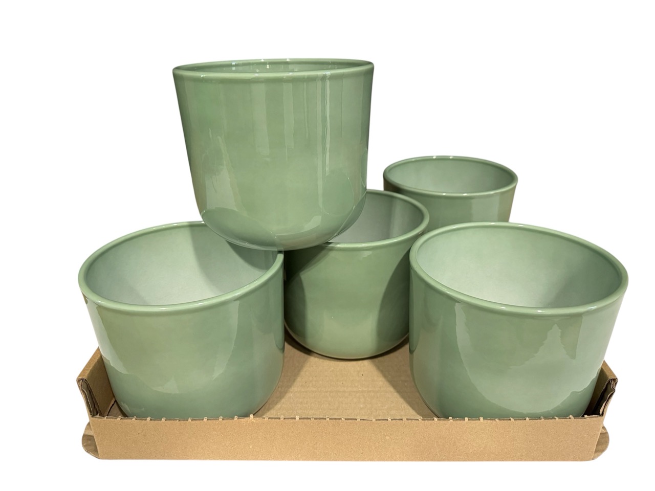 Keramik Übertopf, Ø14 cm, H12,5 cm, hochwertige salbeigrün Lasur; 6 Stück im Tray