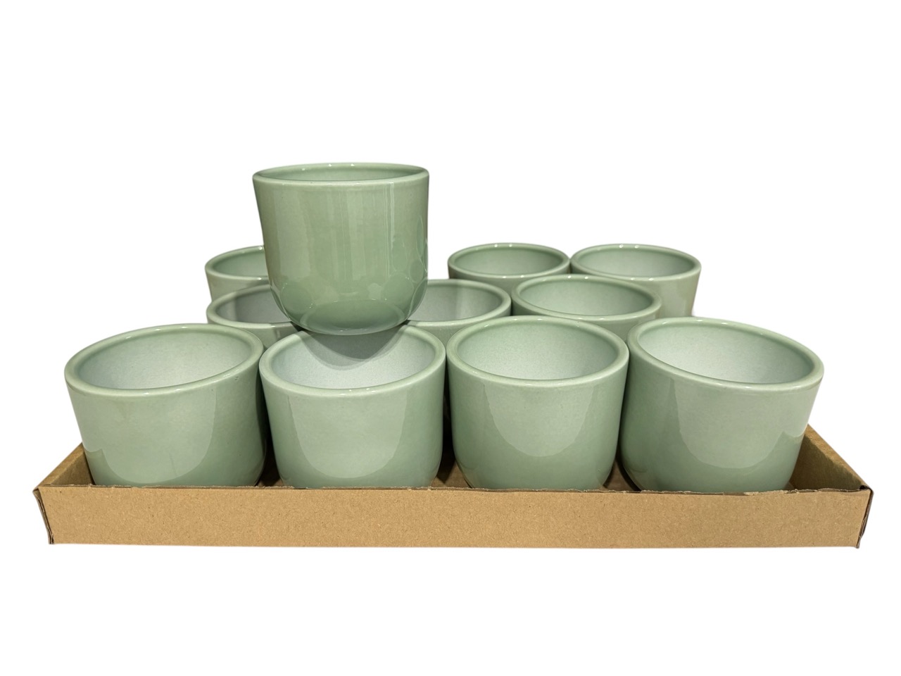 Keramik Übertopf, Ø8 cm, H7,5 cm, hochwertige salbeigrün Lasur; 12 Stück im Tray