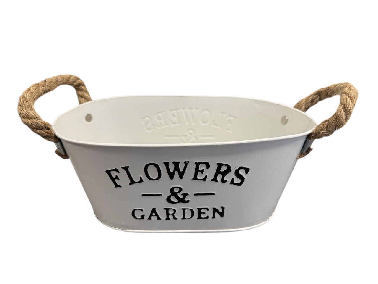 Zinkschale "Flowers & Garden" mit Seilen, weiß; 25x14,5cm, H10cm 