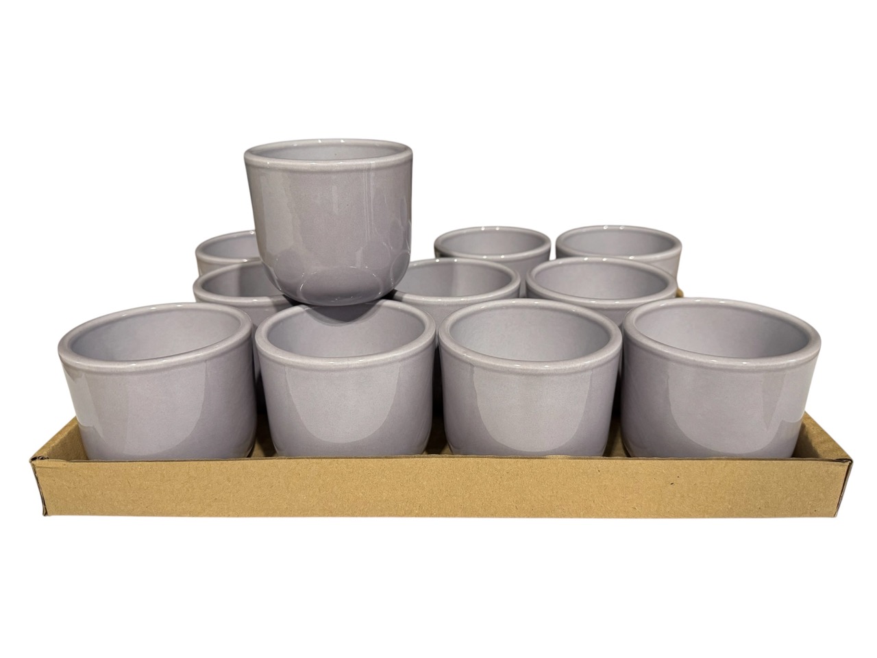 Keramik Übertopf, Ø8 cm, H7,5 cm, hochwertige grau Lasur; 12 Stück im Tray