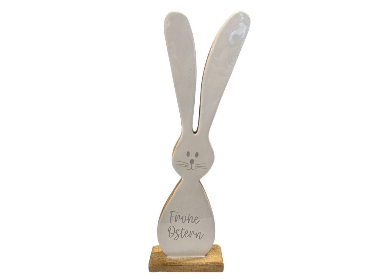 Osterhase aus Mango Holz weiß glasiert / natur, "Frohe Ostern"; 12x5 cm, H41 cm