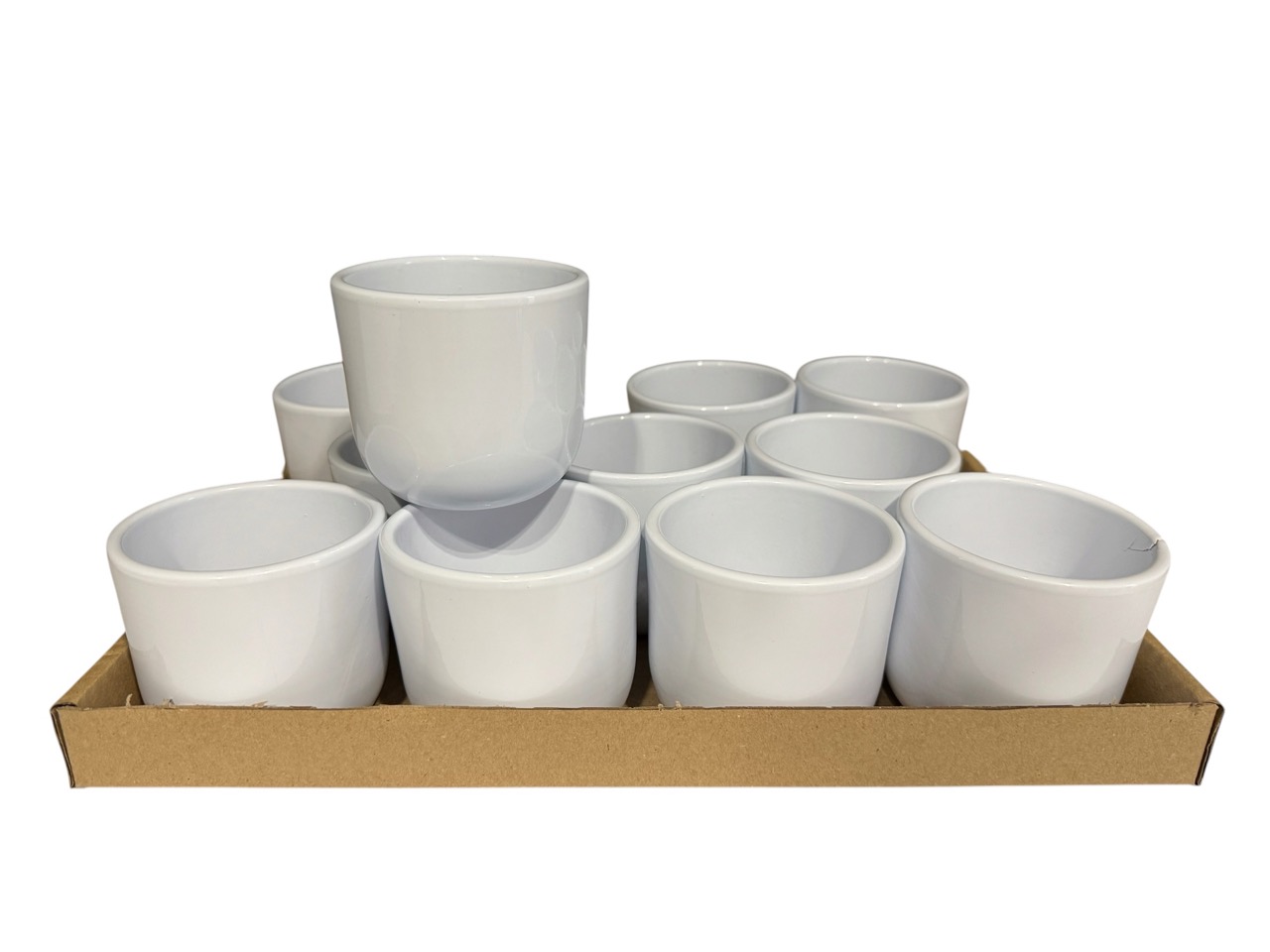 Keramik Übertopf, Ø8 cm, H7,5 cm, hochwertige weiß Lasur; 12 Stück im Tray