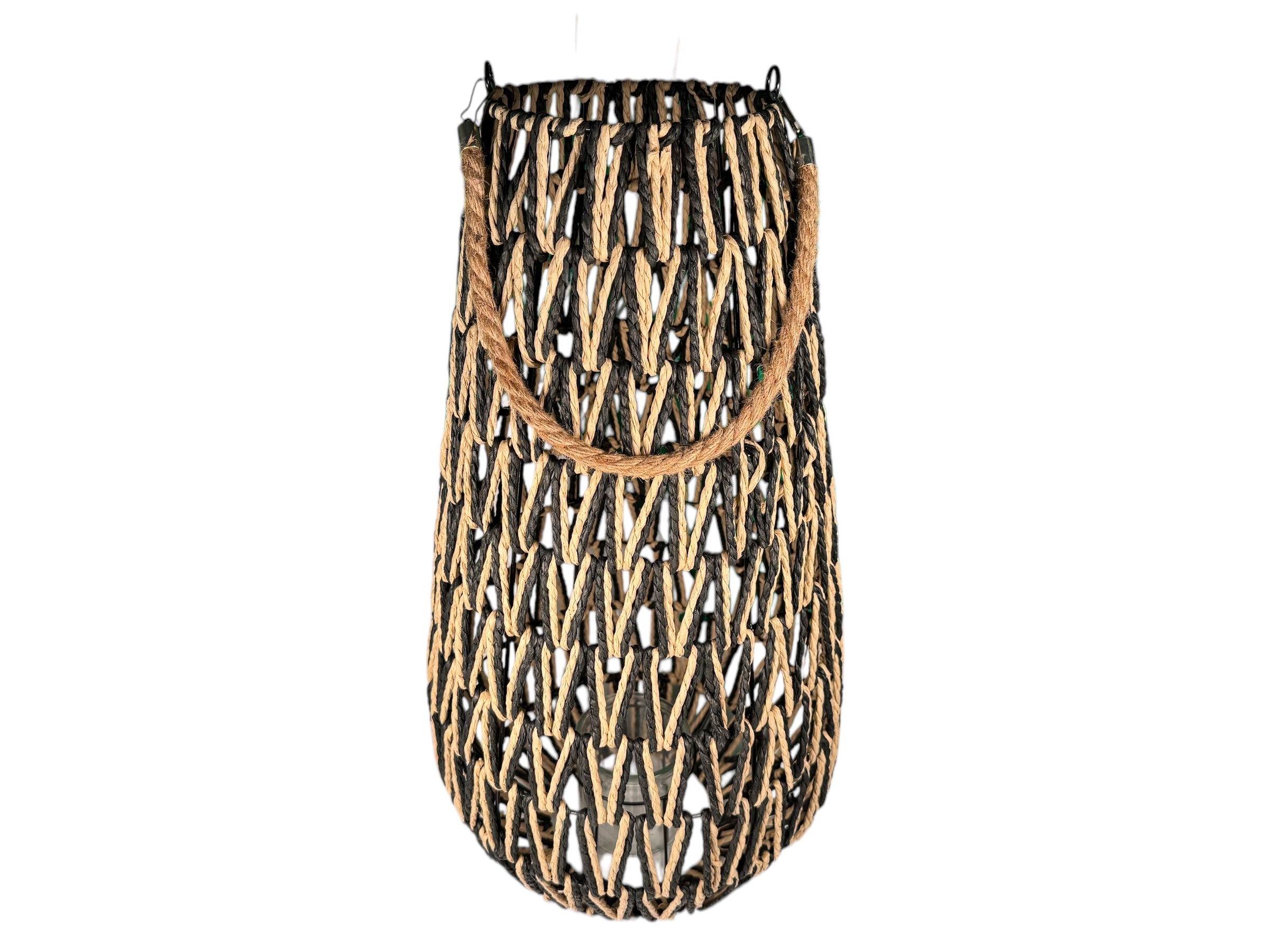 Laterne mit Glas, mit Seil als Henkel, schwarz/natur, Seegras