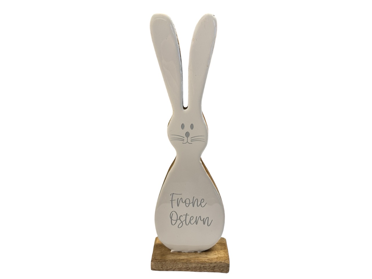 Osterhase aus Mango Holz weiß glasiert / natur, "Frohe Ostern"; 9x5 cm, H31 cm