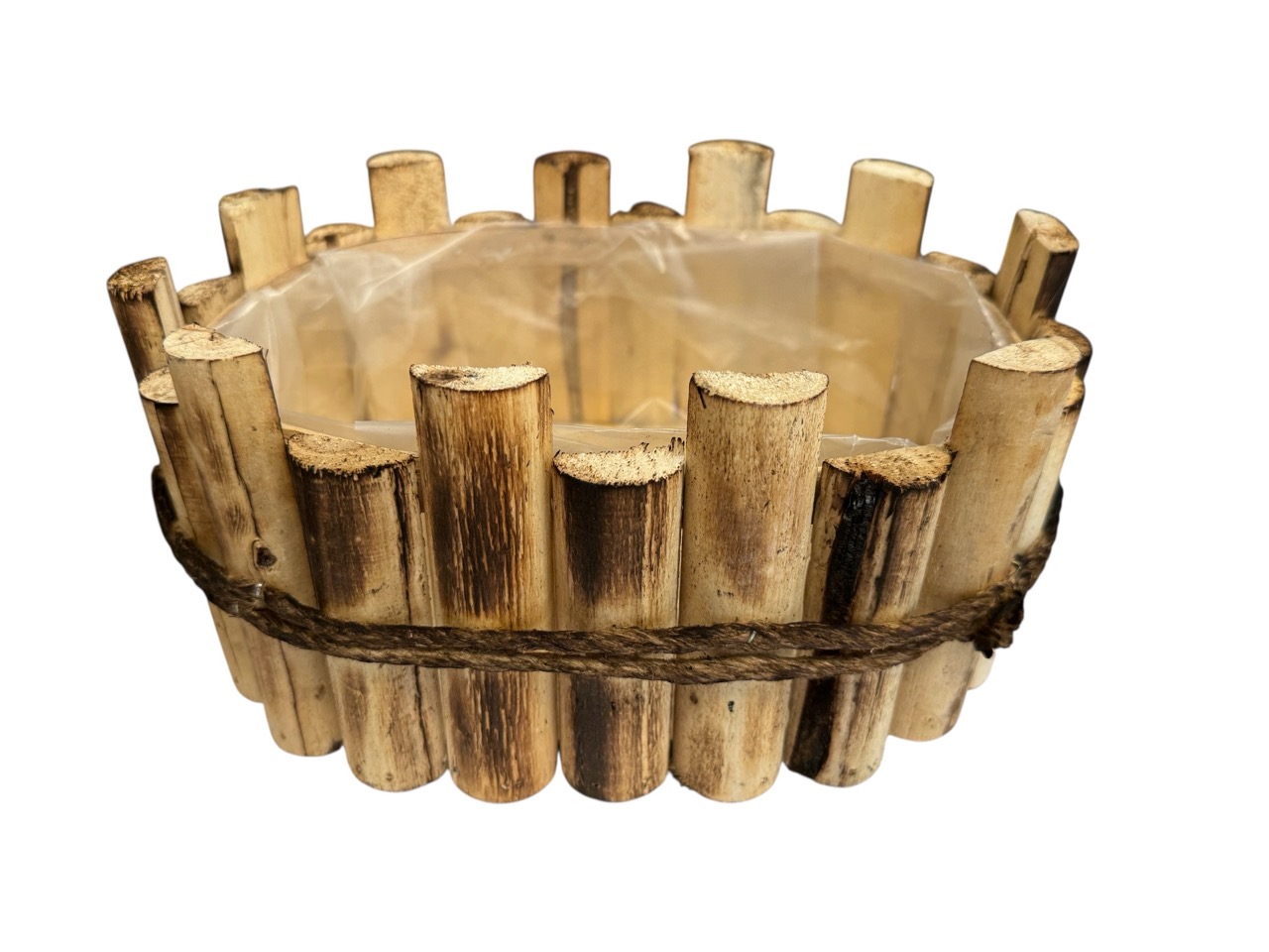 Pflanzkorb oval, Holzstücke, angeflämmt / natur mit Folie und Seil; 26,5x20cm, H12cm