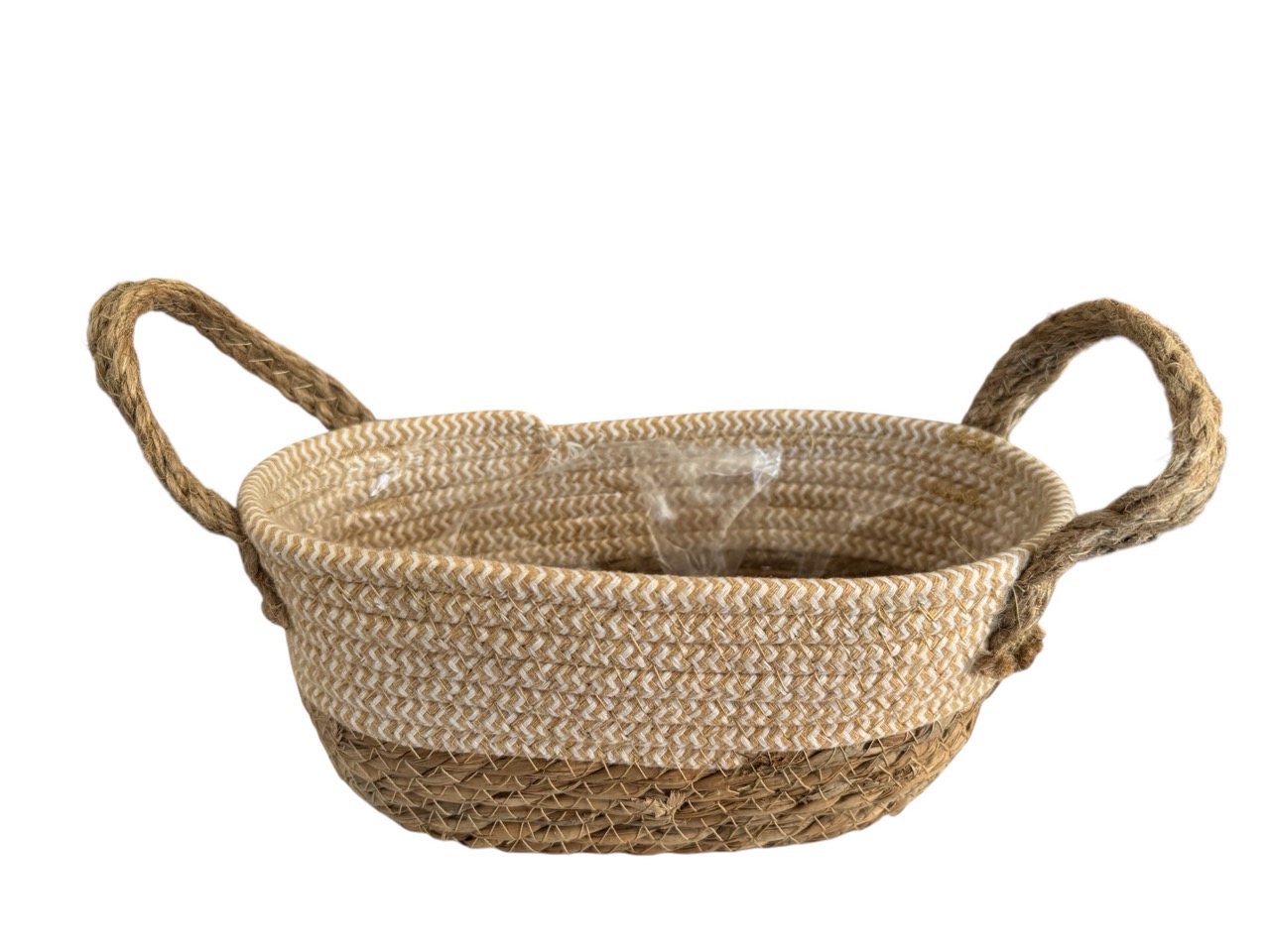 Planzkorb oval, Seegras mit Henkel natur, weiß / creme, mit Folie; 24x15 cm, H10,5 cm