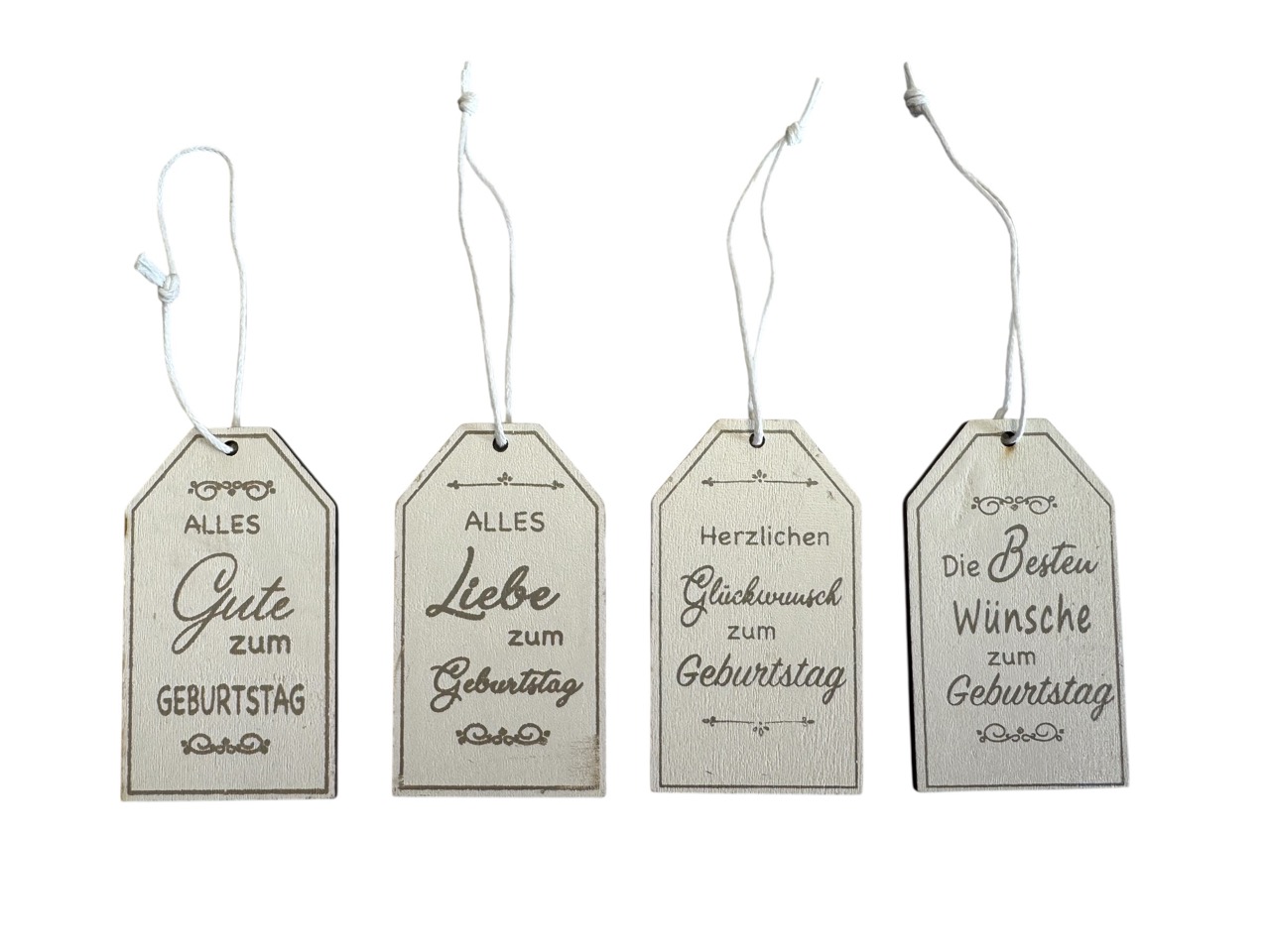 Hänger Sort. "Geburtstag", weiß-natur, Box mit 48 Hängern; Hänger 7x4 cm
