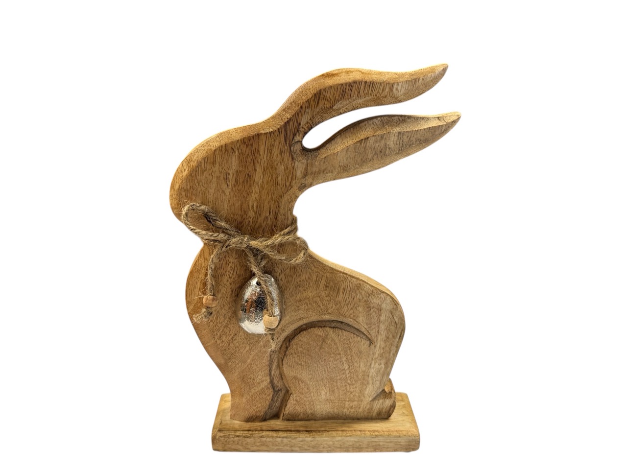 Hase aus Mango Holz hoppelnd mit Metall Ei; 20x5 cm, H27 cm