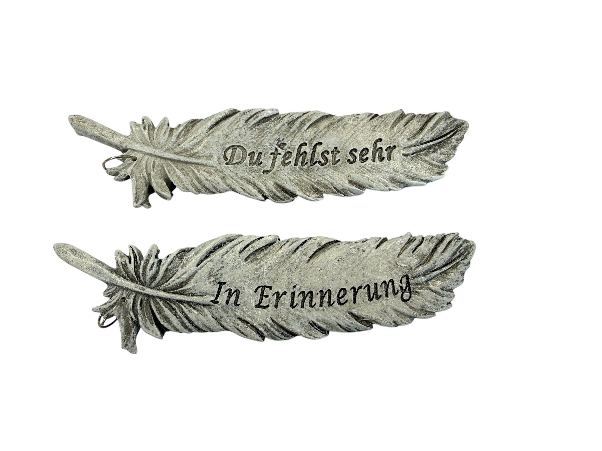 Feder Tarsi mit Sprüchen steingrau, Box mit 8 Stück; 14x3x1 cm