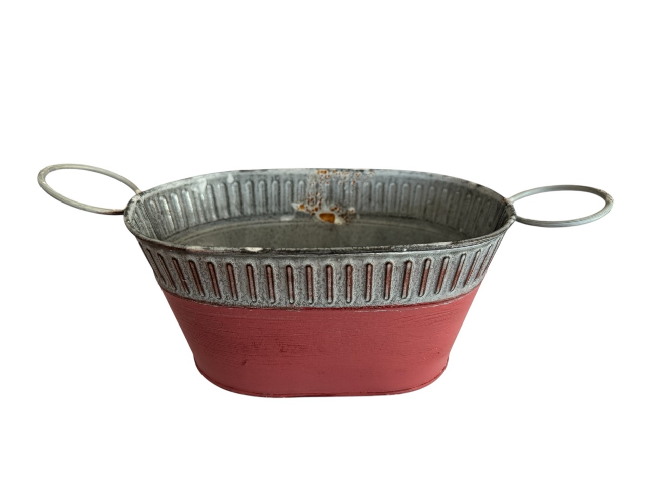 Zinkschale oval, rot mit Henkel; 18x12 cm, H9 cm