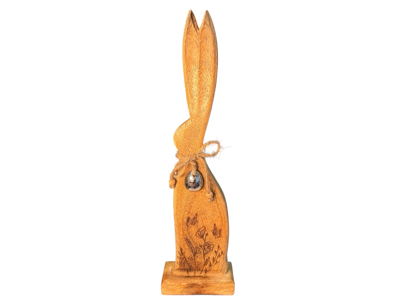 Hase aus Mango Holz mit Metall Ei; 13x5,5 cm, H42 cm