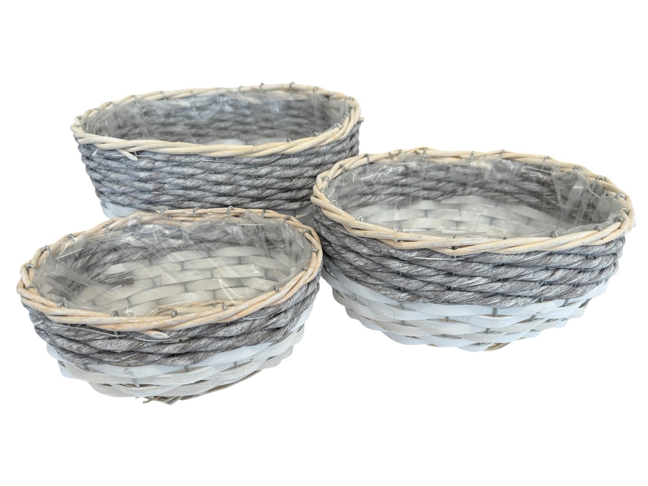 Pflanzgefäß geflochten, natur / braun, zweifarbig, 3er Satz, oval mit Folie - sehr stabil; 30x25cm, H14cm