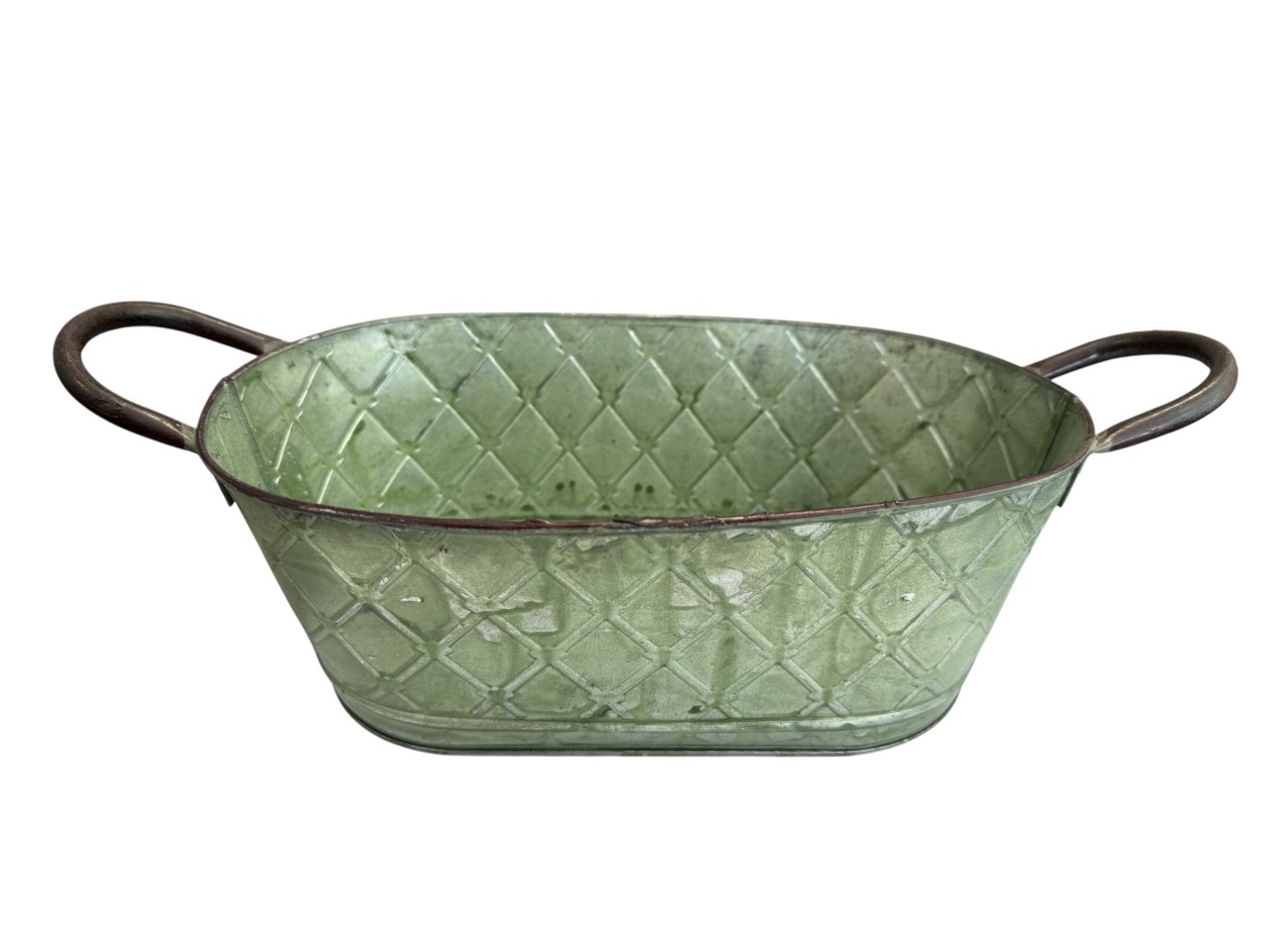 Metallschale oval, Antik grün mit Henkeln und Muster; 26x15 cm, H10 cm