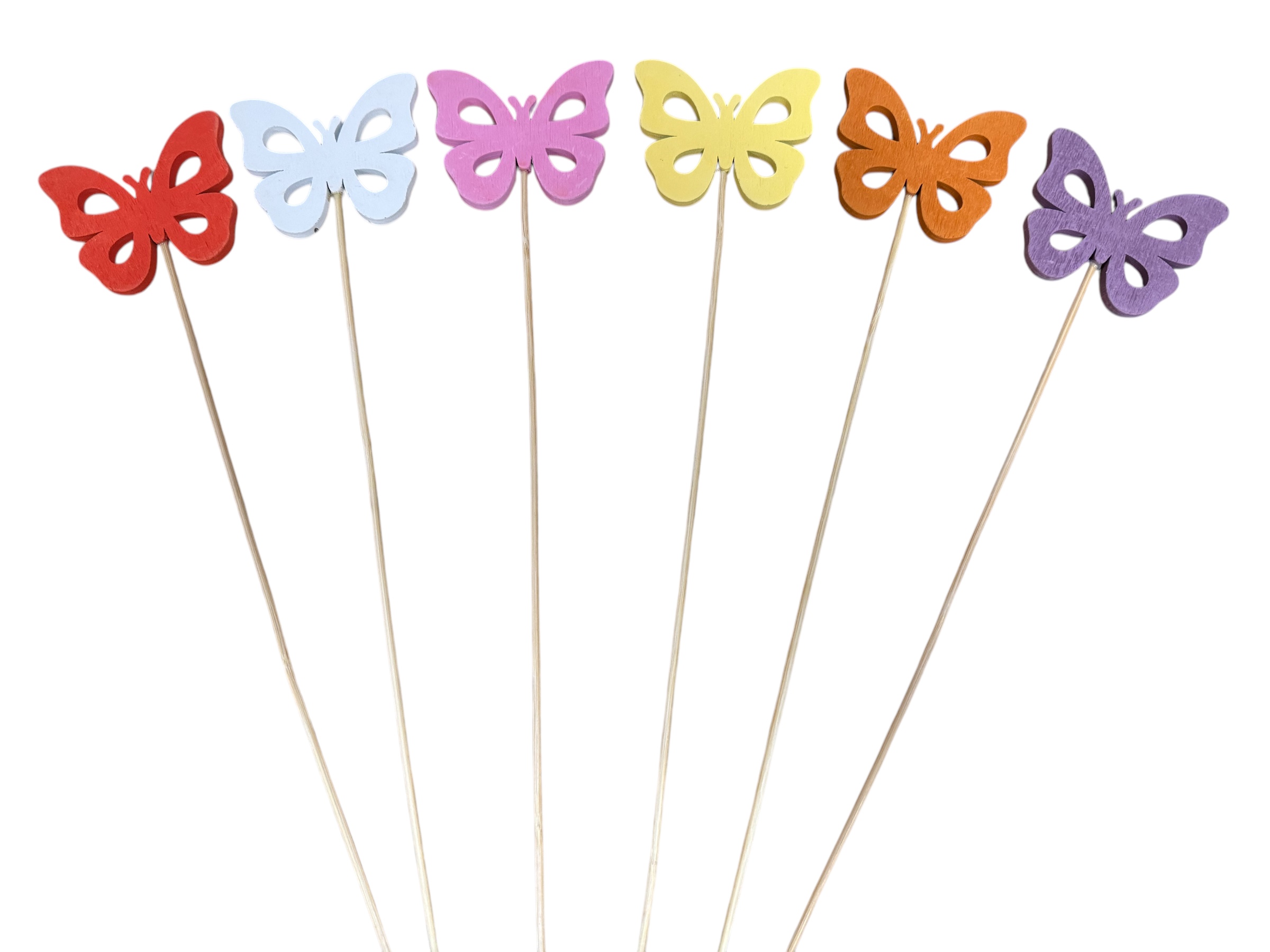 Schmetterlinge als Holzstecker, 35 Stk. im Beutel; weiß, dunkelorange, gelb, rosa, laub, purple, 7x35 cm