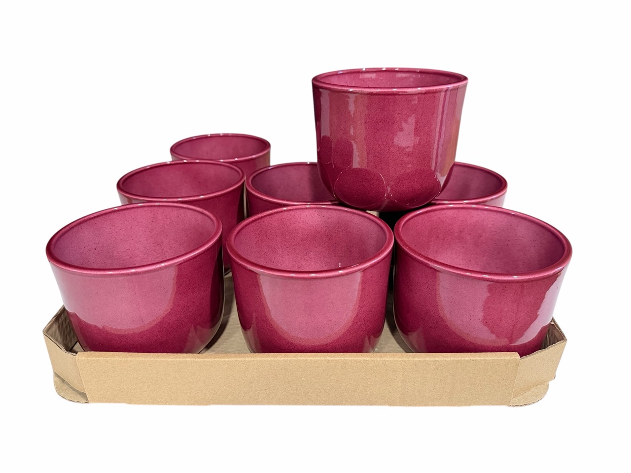Keramik Übertopf, Ø12 cm, H10 cm, hochwertige bordeaux Lasur; 9 Stück im Tray