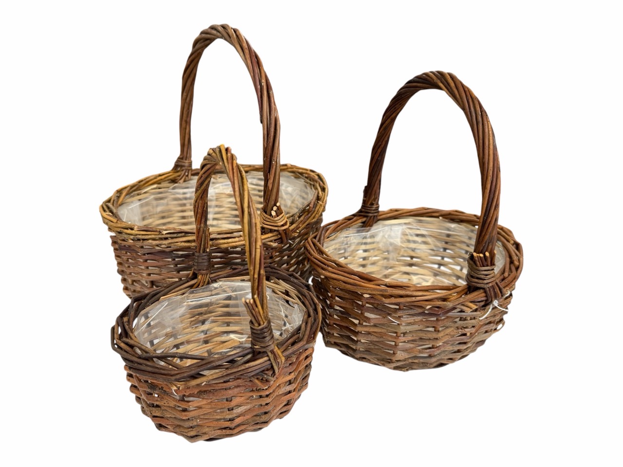 Henkelkorb geflochten, braun, 3er Satz, oval, mit Folie und Draht; 34x25cm, H14cm