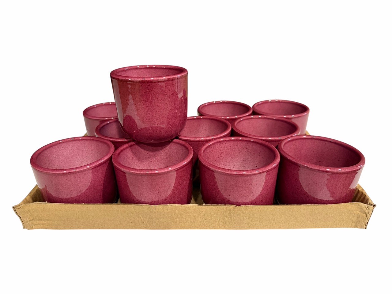 Keramik Übertopf, Ø8 cm, H7,5 cm, hochwertige bordeaux Lasur; 12 Stück im Tray
