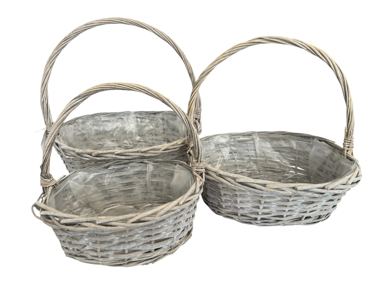 Henkelkorb geflochten, grau gewaschen, 3er Satz, oval mit Folie; 38x30cm, H13cm
