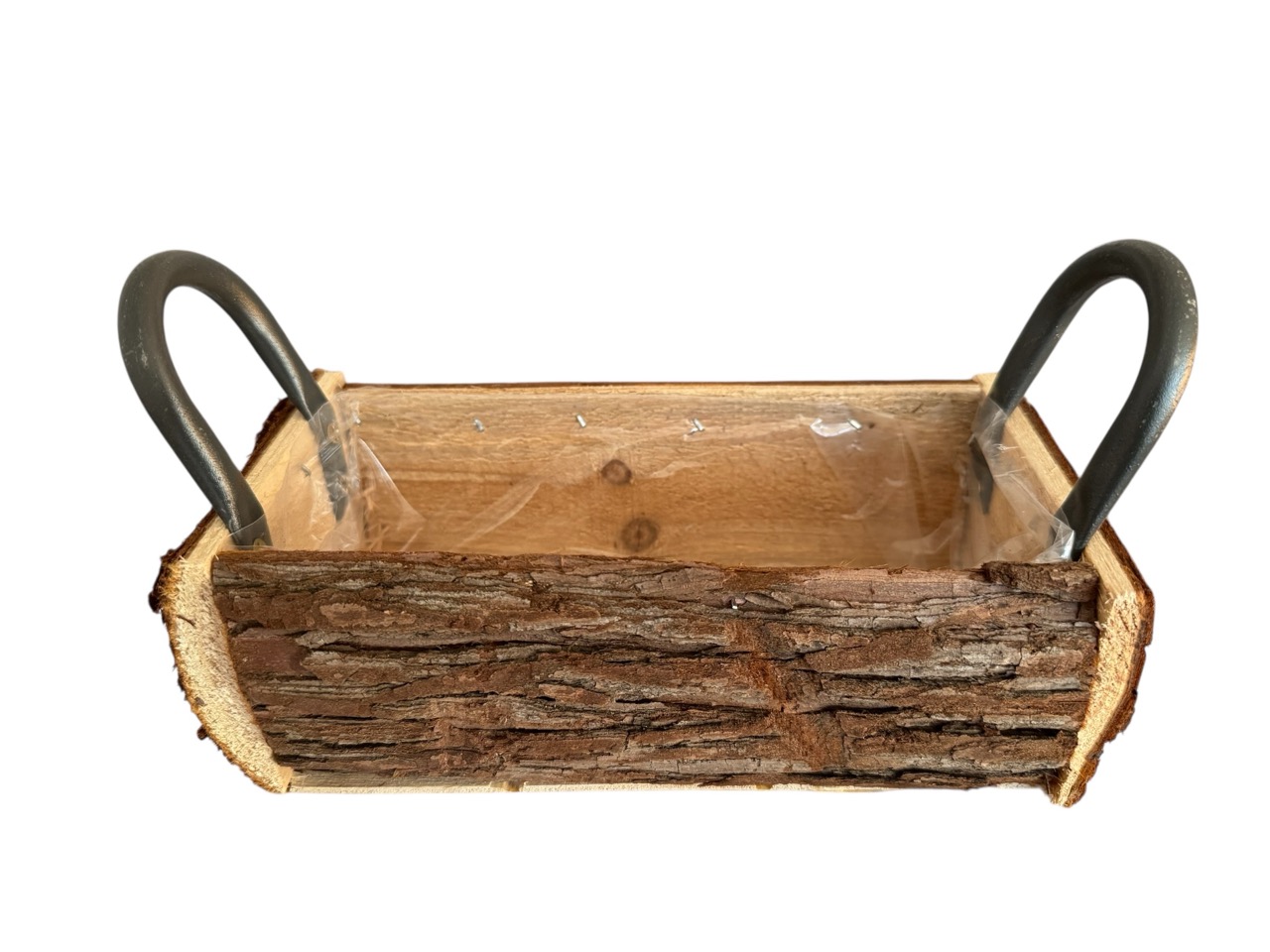 Holzkiste rechteckig Rinde mit Metell Henkel; 24x11cm, H8 cm