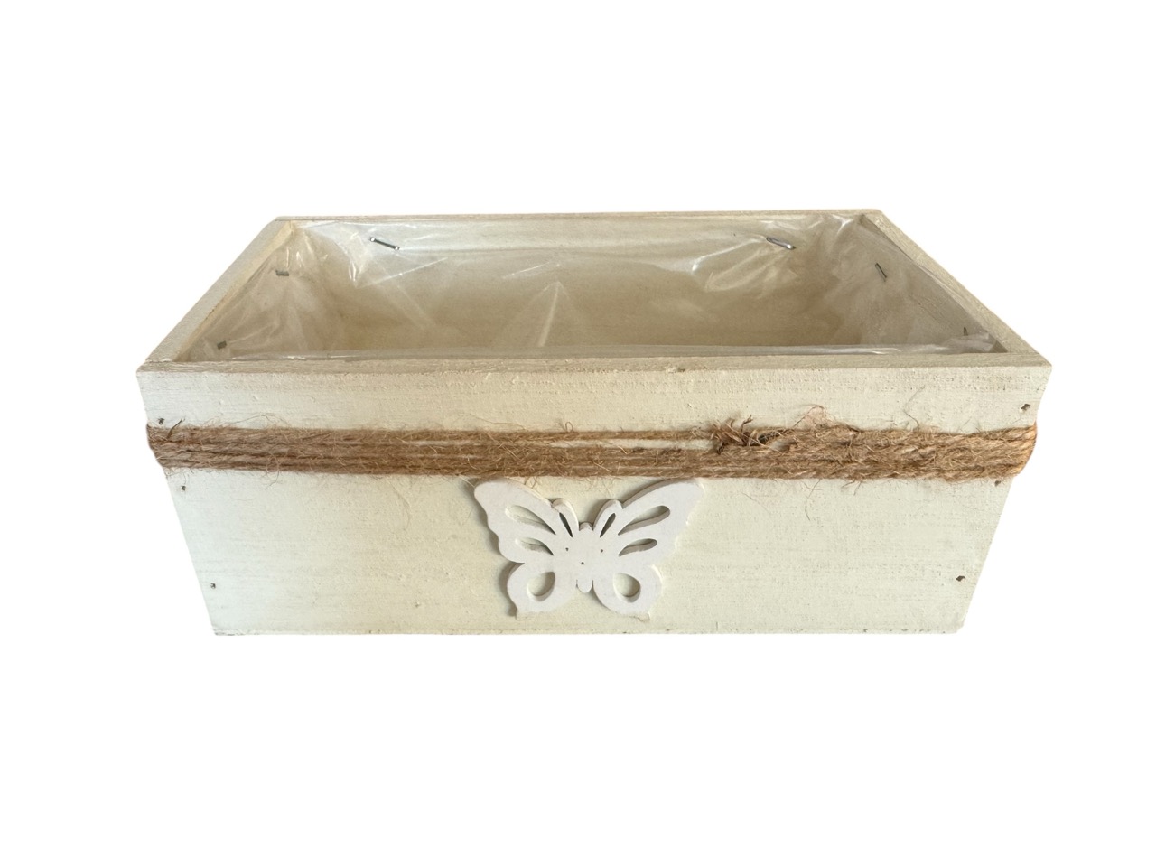 Holzkiste rechteckig, creme mit Seil und Schmetterling; 22x12,5 cm, H9 cm