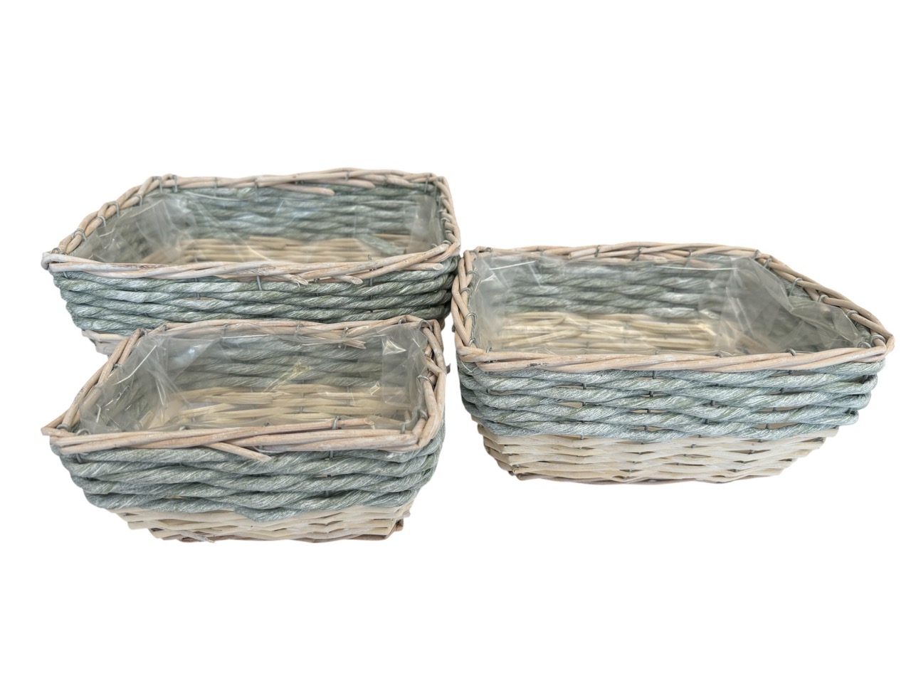 Pflanzgefäß geflochten, natur / mint, zweifarbig, 3er Satz, rechteckig mit Folie - sehr stabil; 30x25cm, H14cm