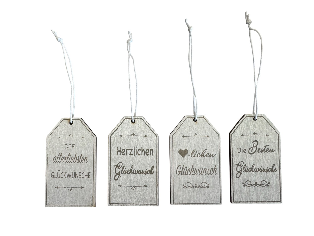 Hänger Sort. "Glückwunsch", weiß-natur, Box mit 48 Hängern; Hänger 7x4 cm