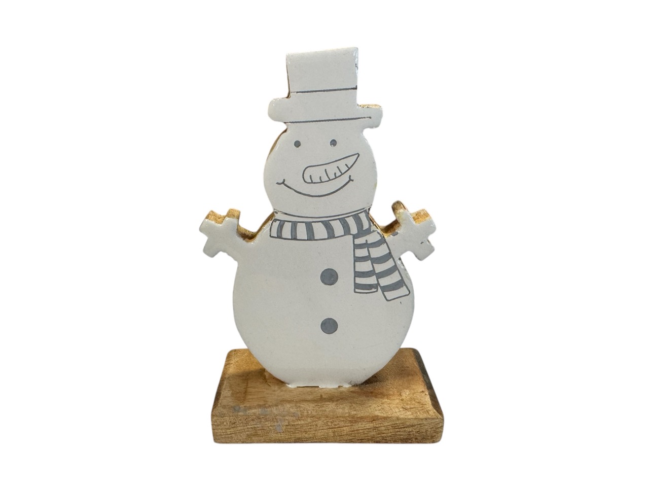 Schneemann aus Mango Holz weiß glasiert; 10x5 cm, H16,5 cm