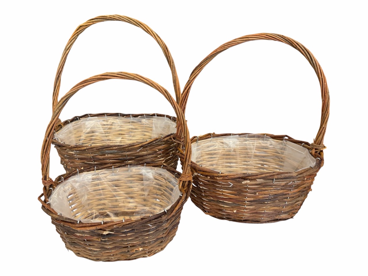 Henkelkorb geflochten, braun, 3er Satz, oval, mit Folie und Draht; 35x27cm, H15cm