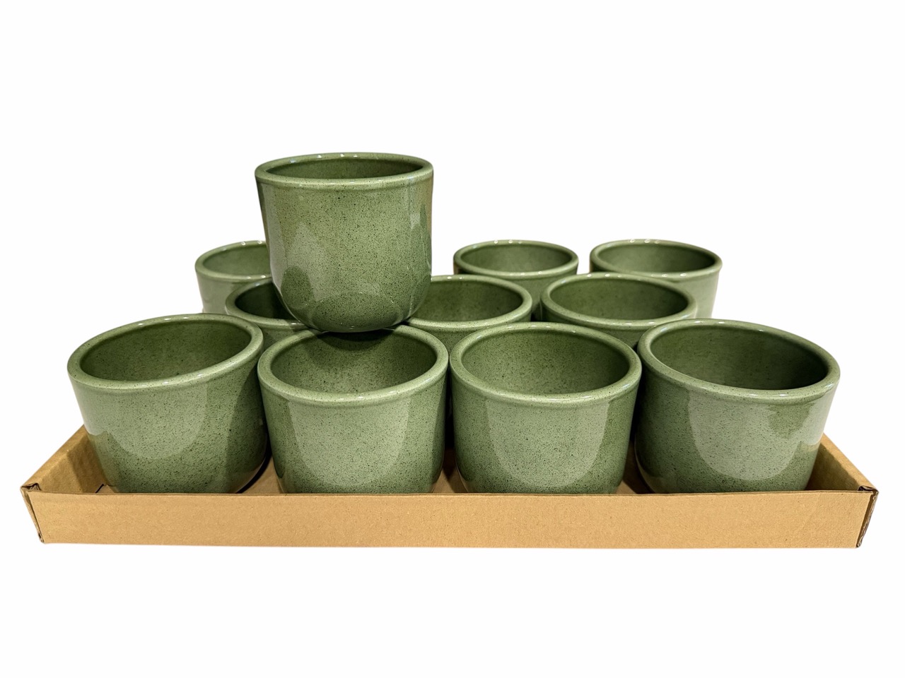 Keramik Übertopf, Ø8 cm, H7,5 cm, hochwertige laubgrün Lasur; 12 Stück im Tray