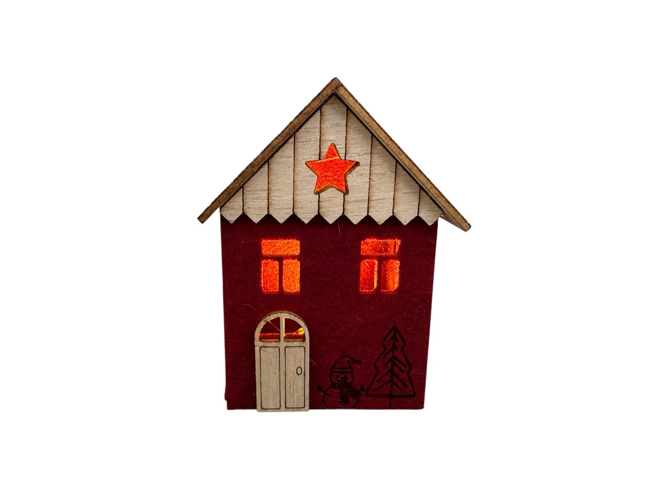 Filzhaus mit Holzdach  Berghütte mit LED dunkelrot, Box mit 3 Stück; 10x7x5 cm