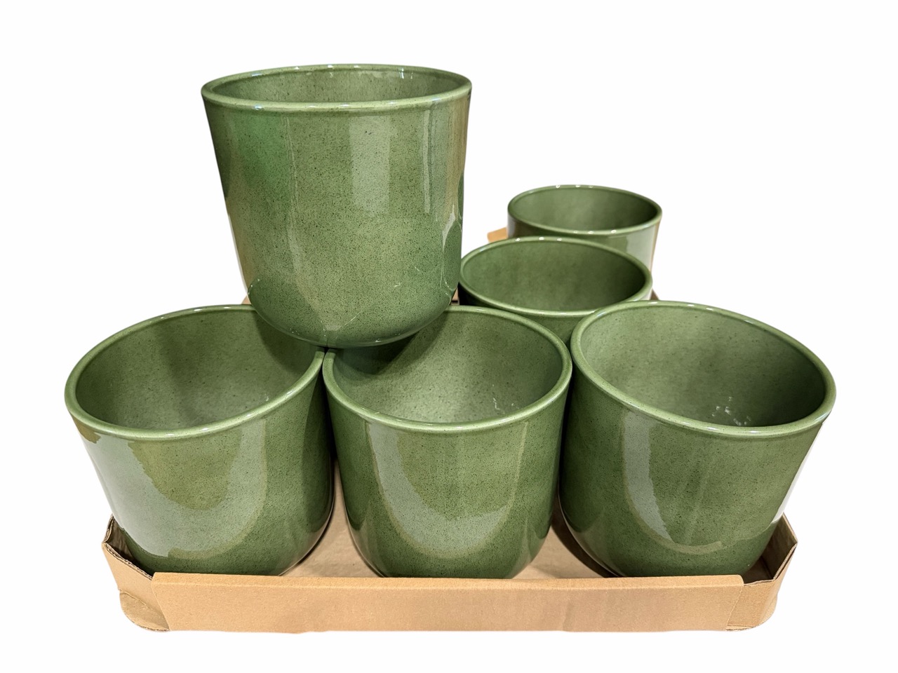 Keramik ***Orchideentopf***, Ø13 cm, H13 cm, hochwertige laubgrün Lasur; 8 Stück im Tray
