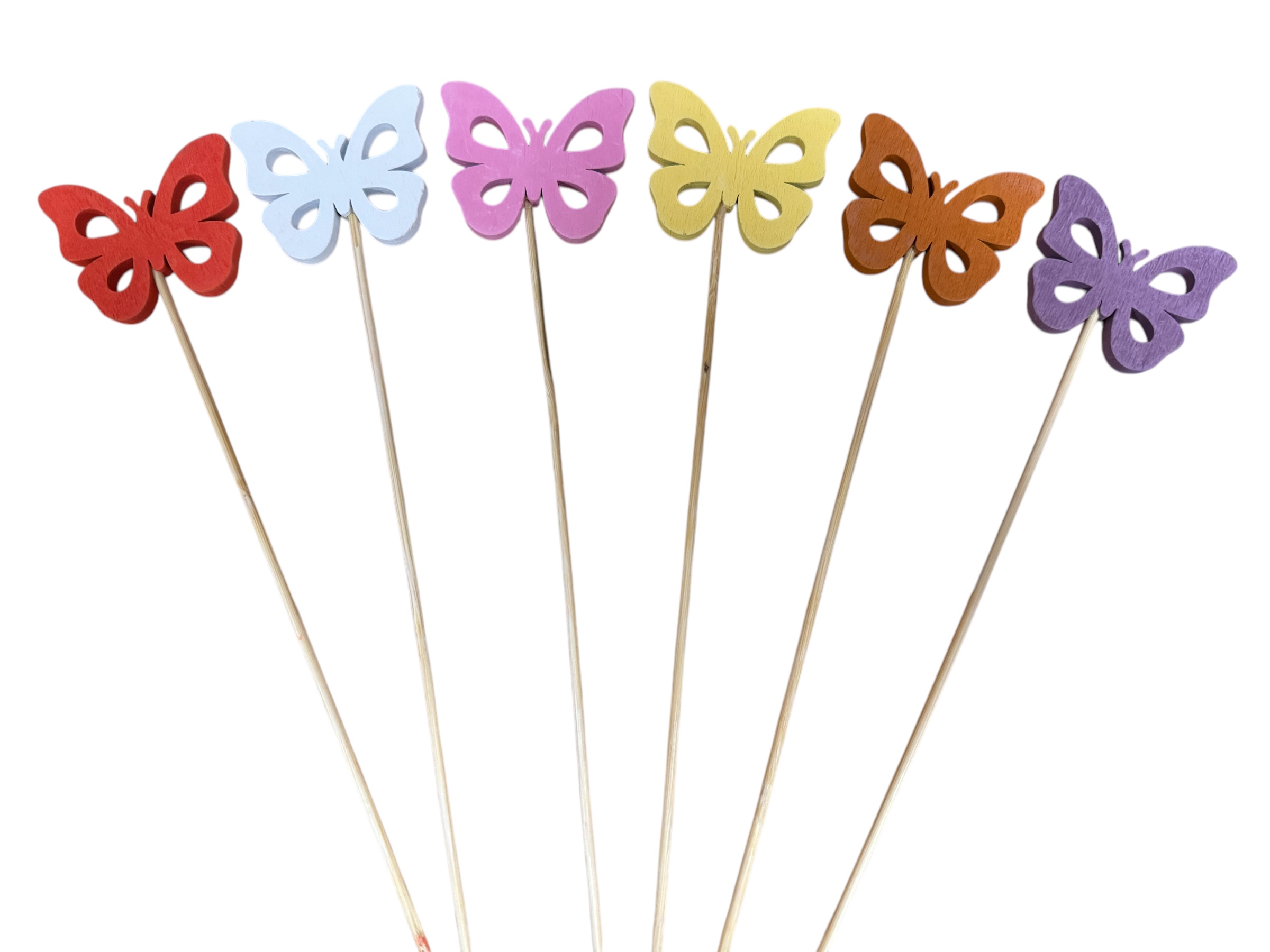 Schmetterlinge als Holzstecker, 50 Stk. im Beutel; weiß, dunkelorange, gelb, rosa, laub, purple, 5x24 cm