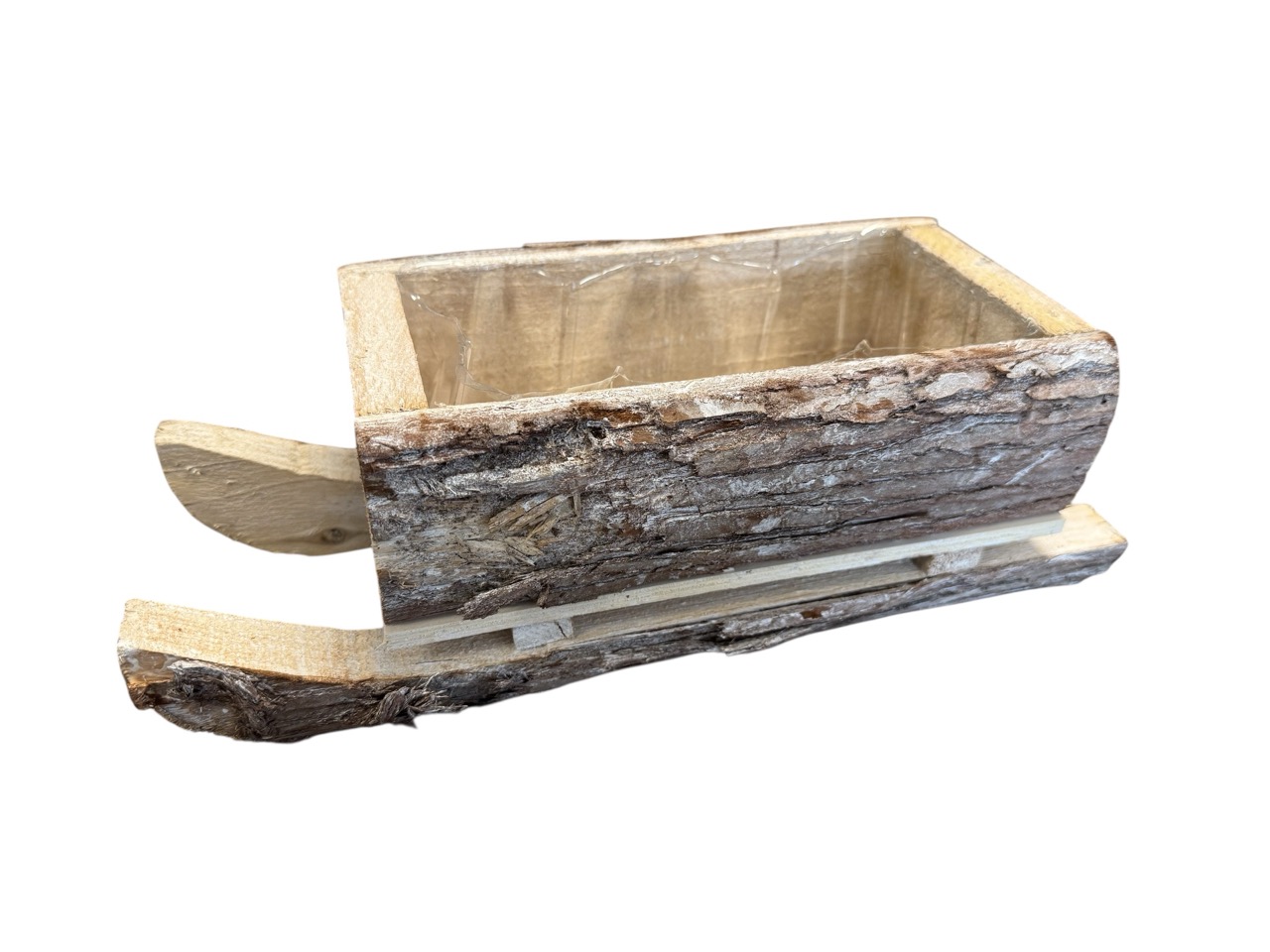 Holz Schlitten aus Rinde mit Folie; 24x16 cm, H12 cm