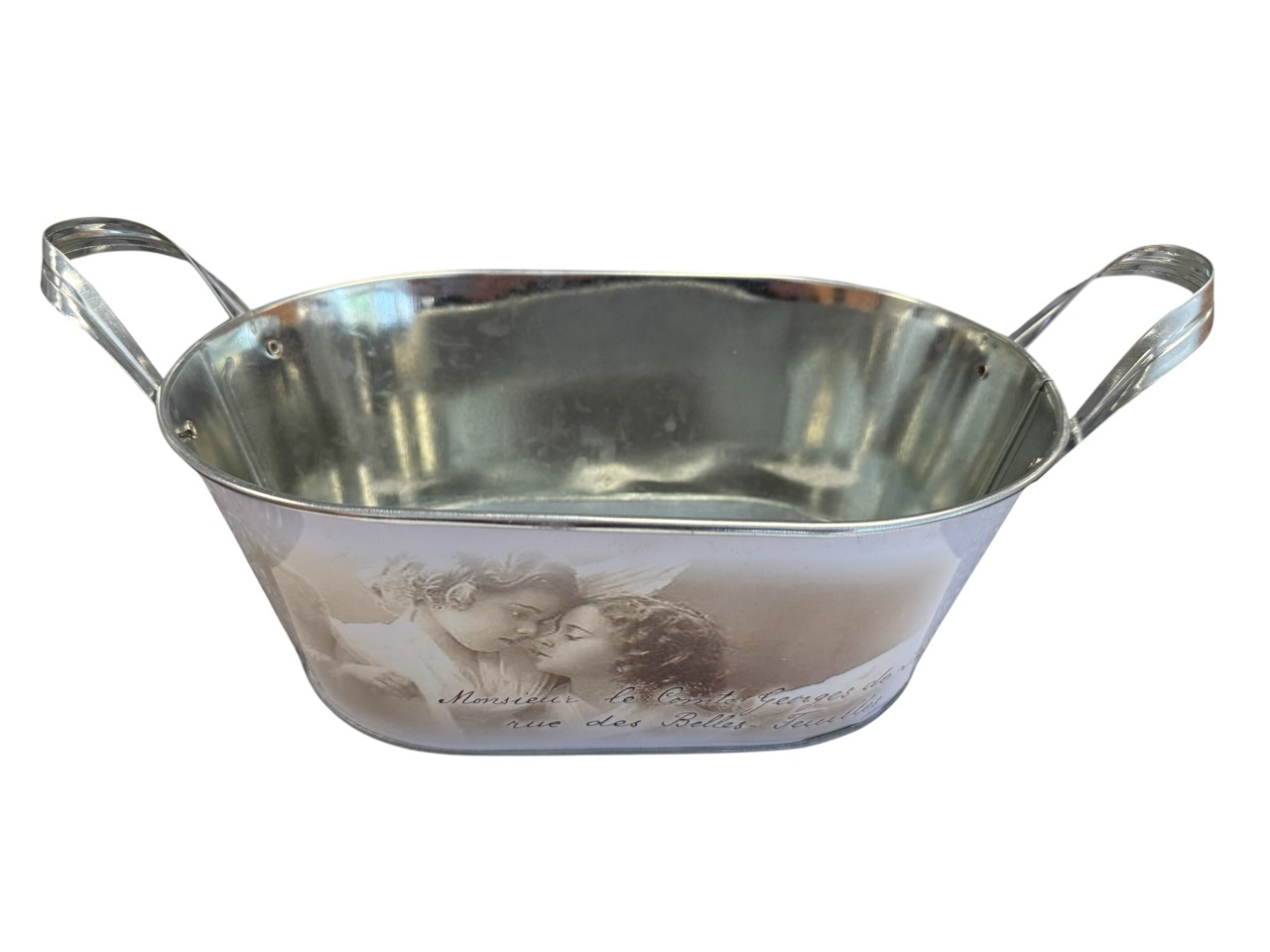 Metallschale oval mit Engelmuster und Henkeln; 25x16 cm, H9 cm