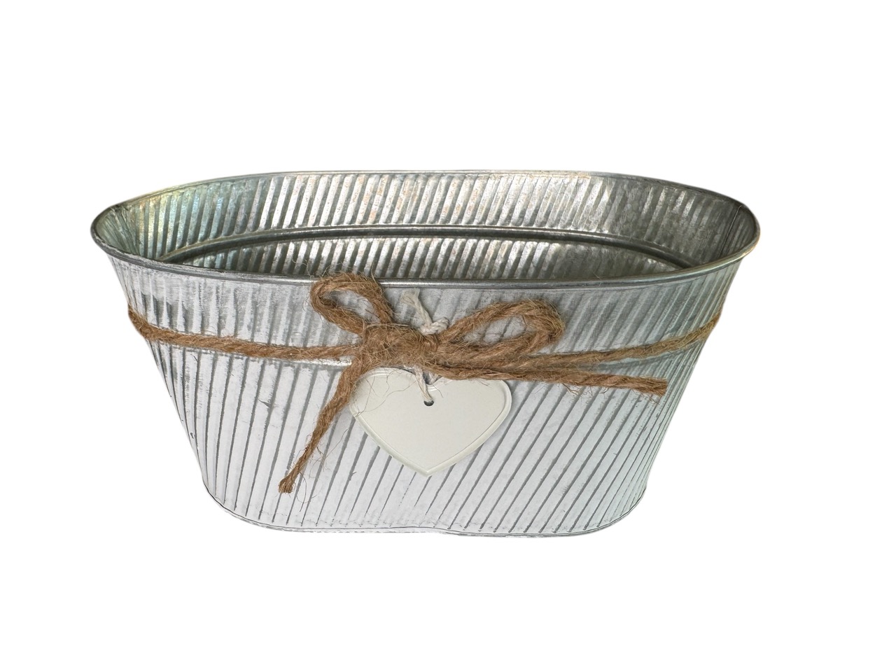 Zinkschale oval, grau gewaschen mit Seil und Herz; 24x14 cm, H12 cm