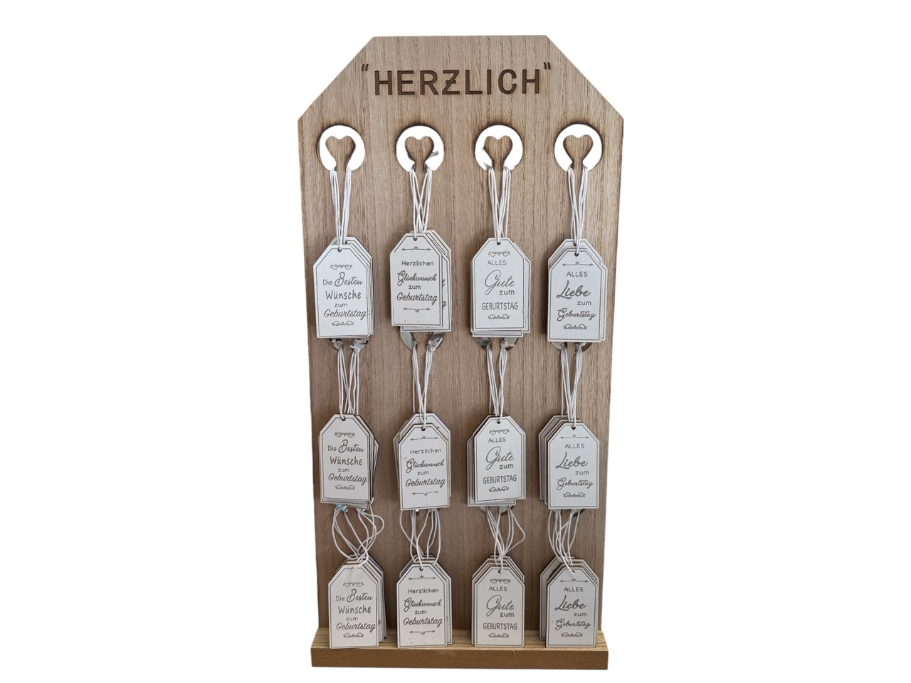 Aufsteller mit 48 "Geburtstag" Hänger, natur-weiß, Aufsteller mit 48 Hängern; Hänger 7x4 cm, Aufsteller: 48x24 cm