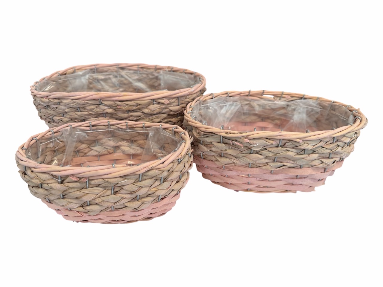 Pflanzgefäß geflochten, Schilfblatt / Rattansplitt, rosa, 3er Satz, oval mit Folie - sehr stabil; 32x26cm, H14cm