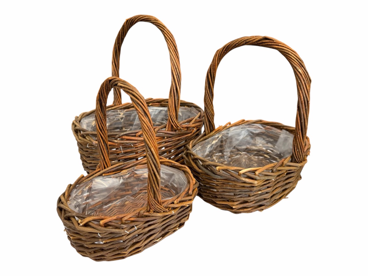 Henkelkorb geflochten, braun, 3er Satz, oval, mit Folie; 38x28cm, H16cm