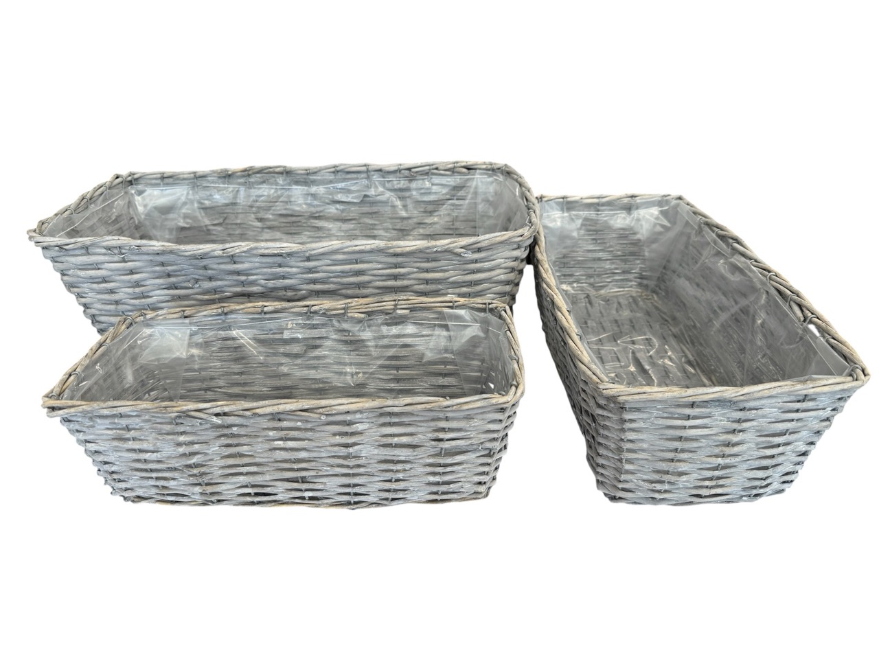 Pflanzgefäß geflochten, grau gewaschen, 3er Satz, rechteckig mit Folie;  50x24cm, H16cm