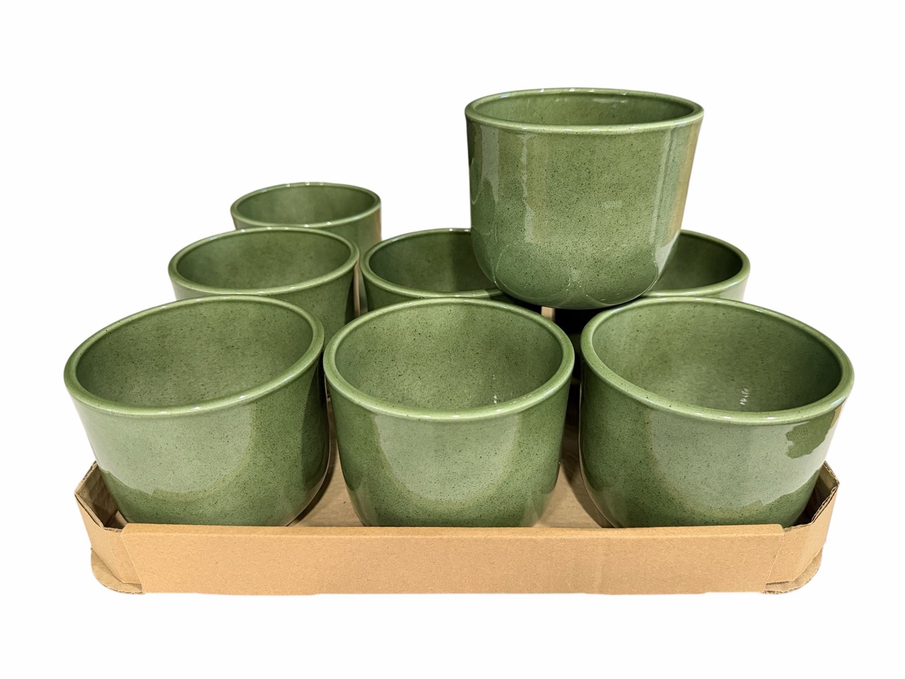 Keramik Übertopf, Ø12 cm, H10 cm, hochwertige laubgrün Lasur; 9 Stück im Tray