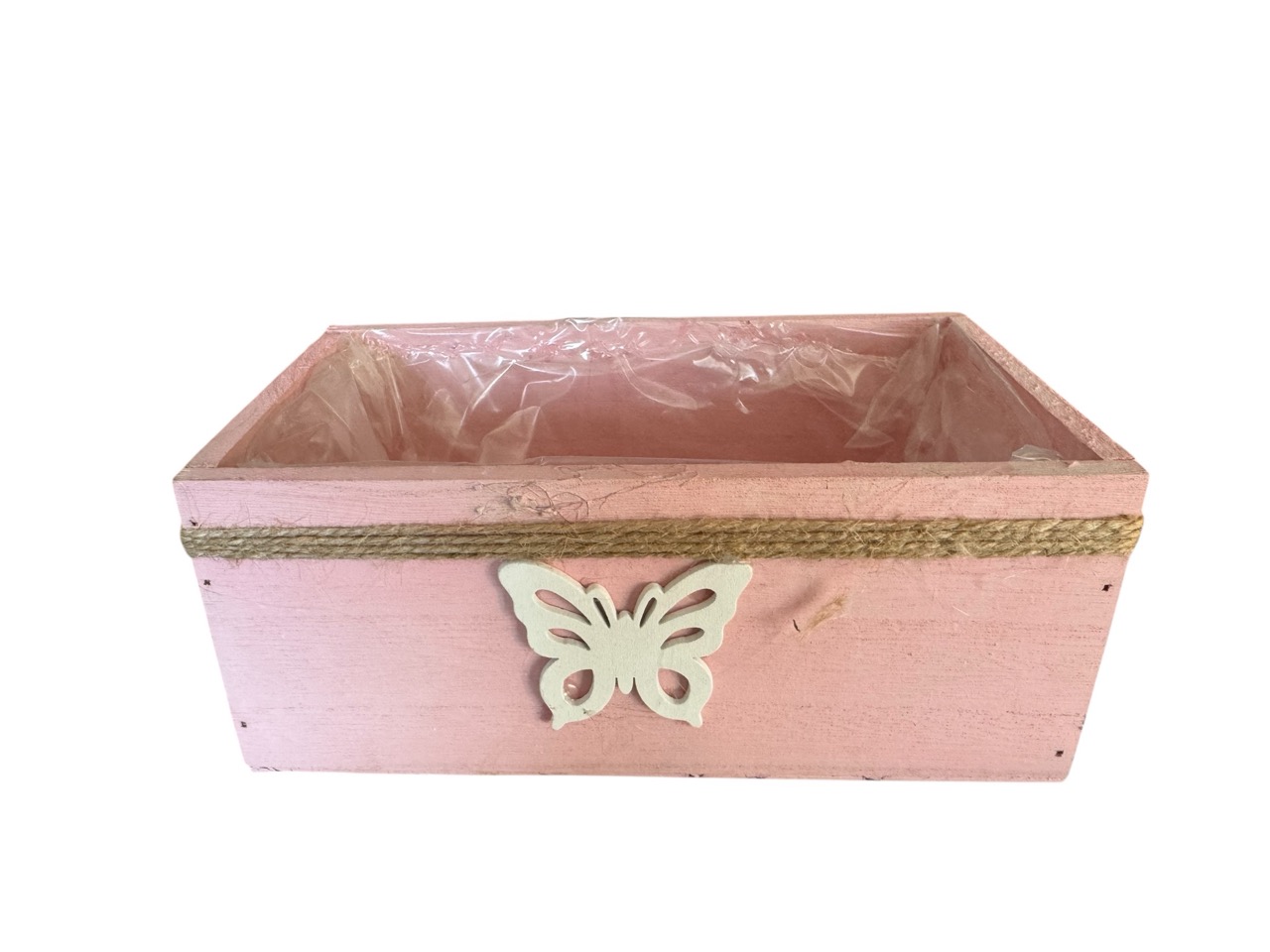 Holzkiste rechteckig, pink mit Seil und Schmetterling; 22x12,5 cm, H9 cm
