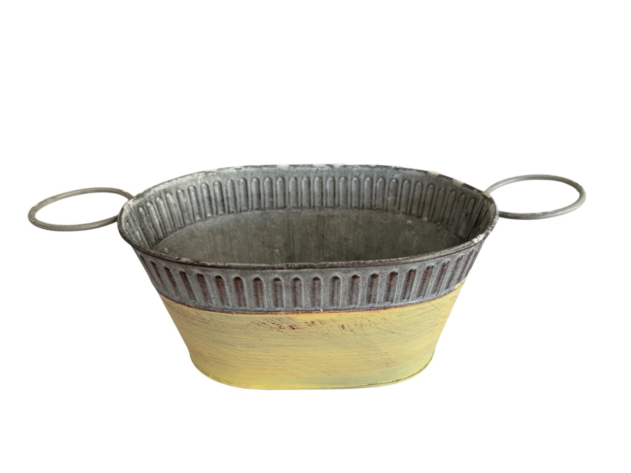 Zinkschale oval, gelb mit Henkel; 18x12 cm, H9 cm