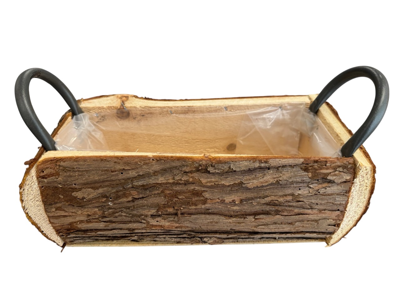 Holzkiste rechteckig Rinde mit Metell Henkel; 30x13cm, H10,5cm