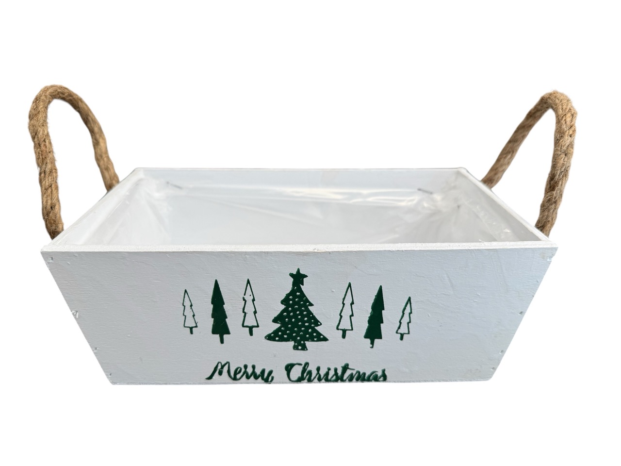 Pflanzkiste weiß mit grün, mit Weihnachtsmuster und Henkeln; 24x14cm, H10cm