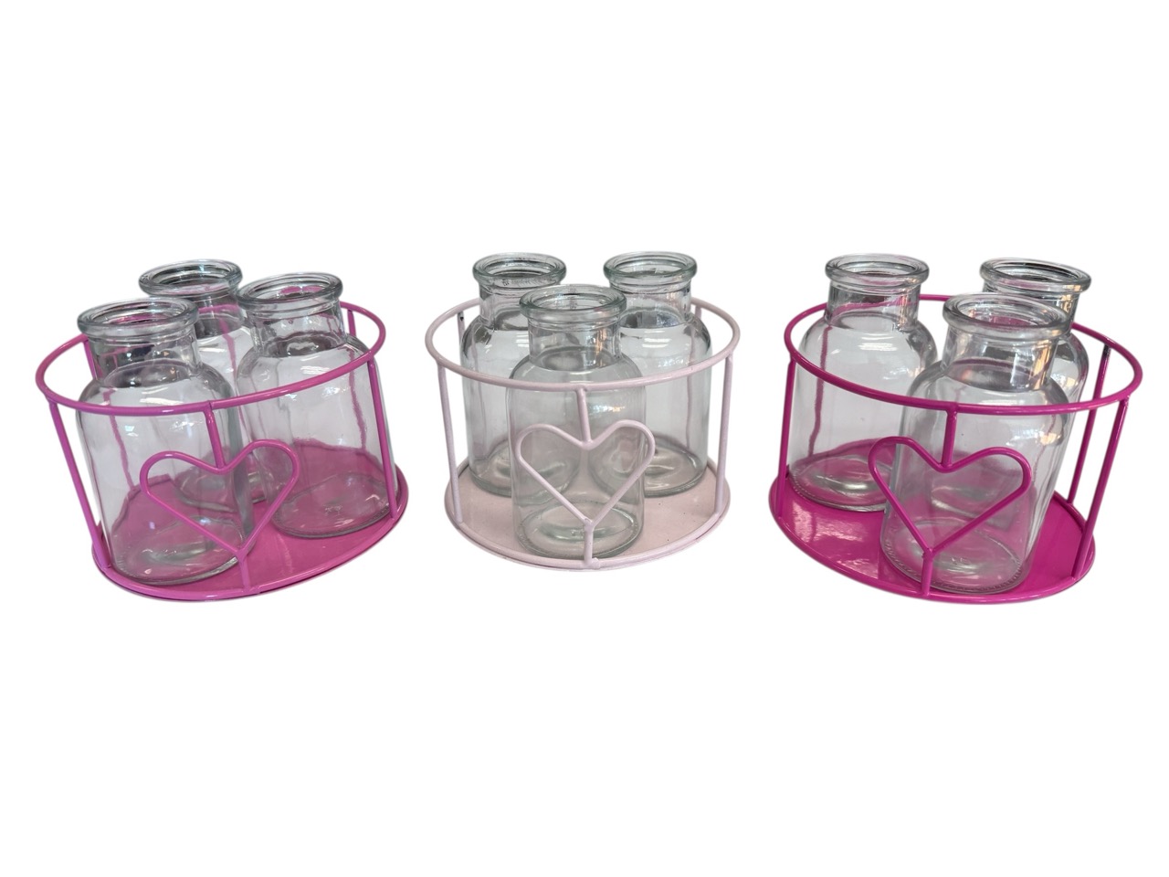 3er Metallständer 3-farbig, mit Glasvasen Herzdesign; 13,5x13,5 cm, H8 cm, Gläser: 5,8x5,8 cm, H10,3 cm