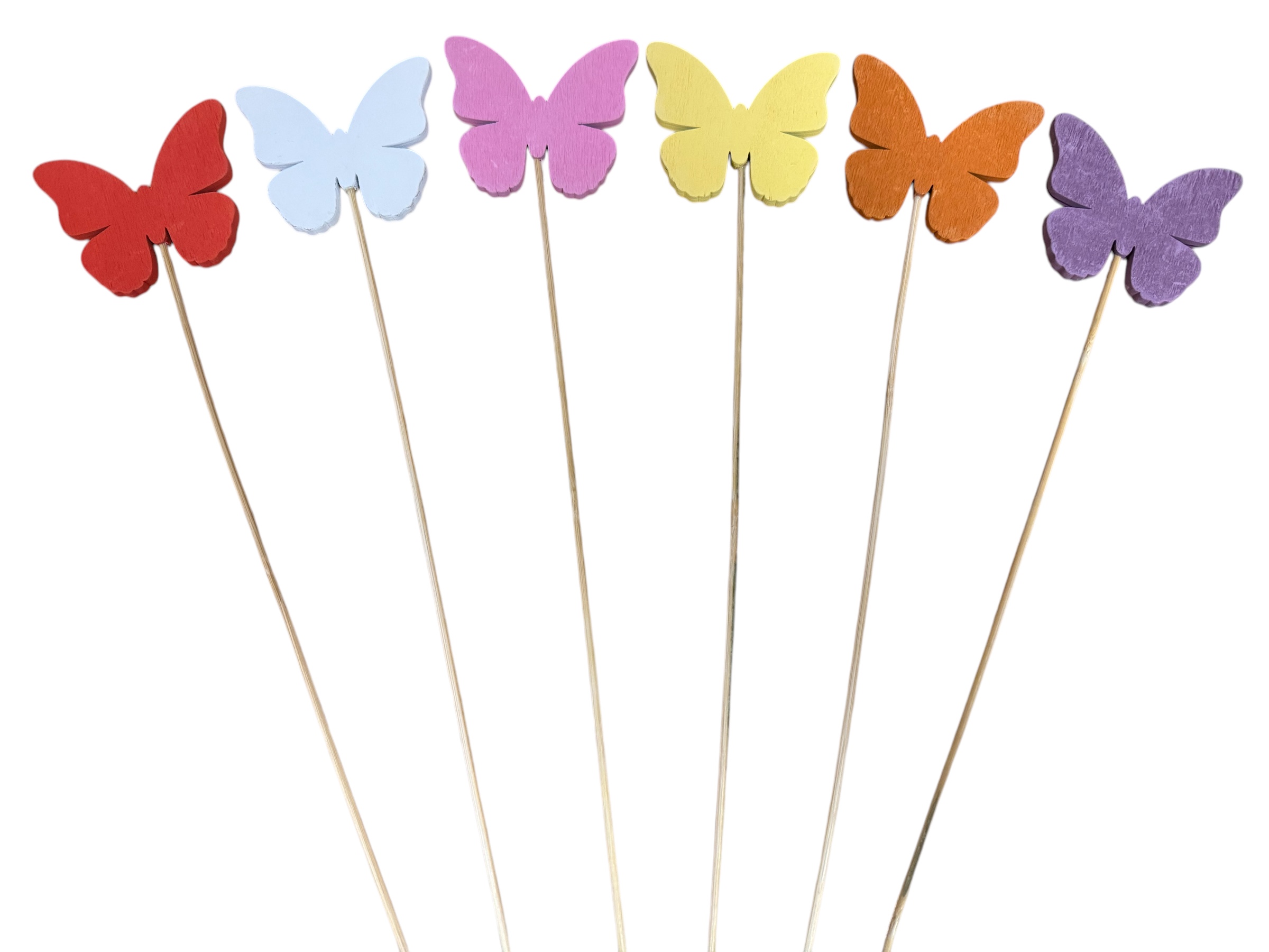 Schmetterlinge als Holzstecker, 35 Stk. im Beutel; weiß, dunkelorange, gelb, rosa, laub, purple, 7x35 cm